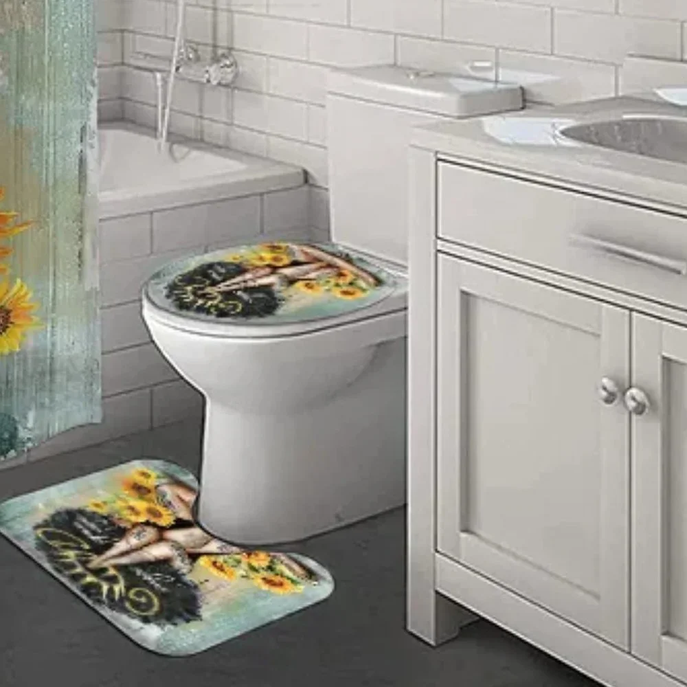 Waterproof Fabric 3D Print Deco African Girl Sunflower Bathroom Rugs Set New